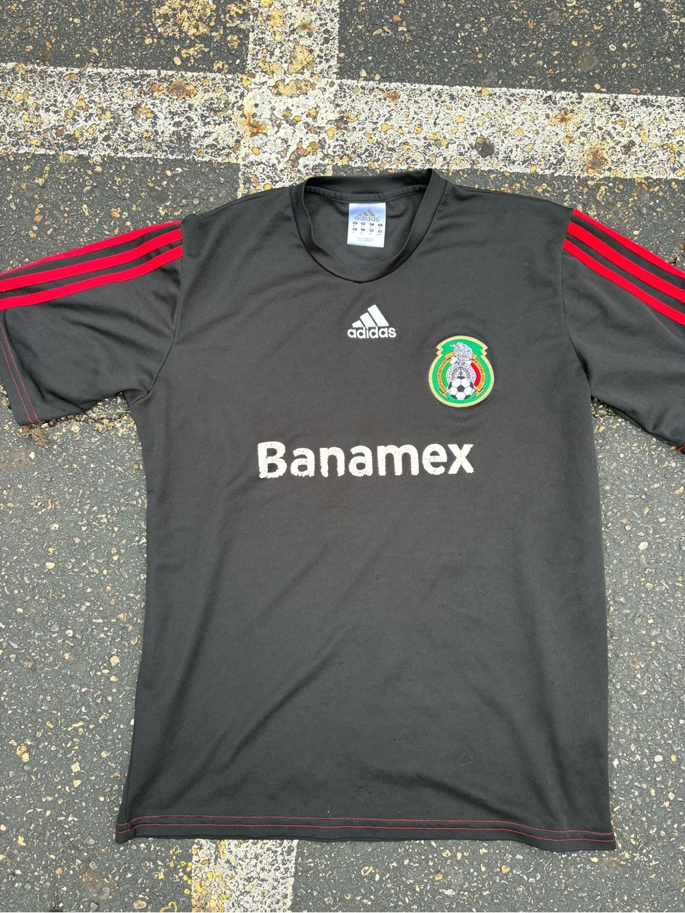adidas Black Soccer Jersey with Red Stripes and Mexico Crest